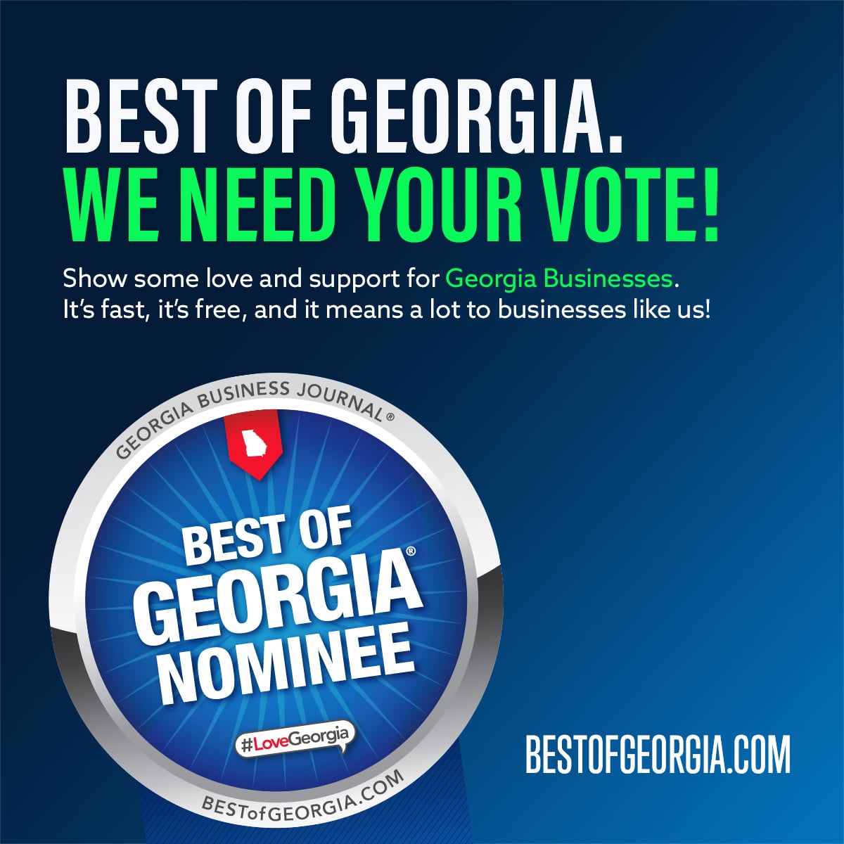 Flamingo Custom Carts "Best of Georgia" nominee badge and logo promoting Georgia businesses and user votes.