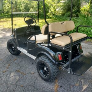 Customized golf cart with black wheels and seating, Flamingo Custom Carts Atlanta.
