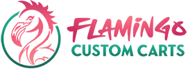 Flamingo Custom Carts logo featuring a flamingo and text branding golf cart customization services.