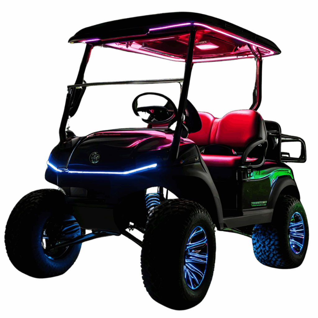 Customized golf cart with LED lighting and premium wheels by Flamingo Custom Carts.