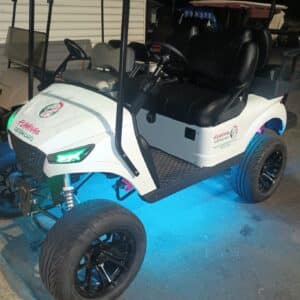 Custom golf cart build by Flamingo Custom Carts with blue LED lighting and black wheels.