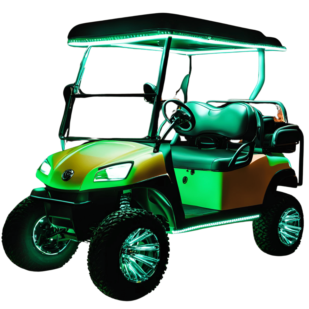 Customized golf cart with LED lighting and lithium battery upgrade.