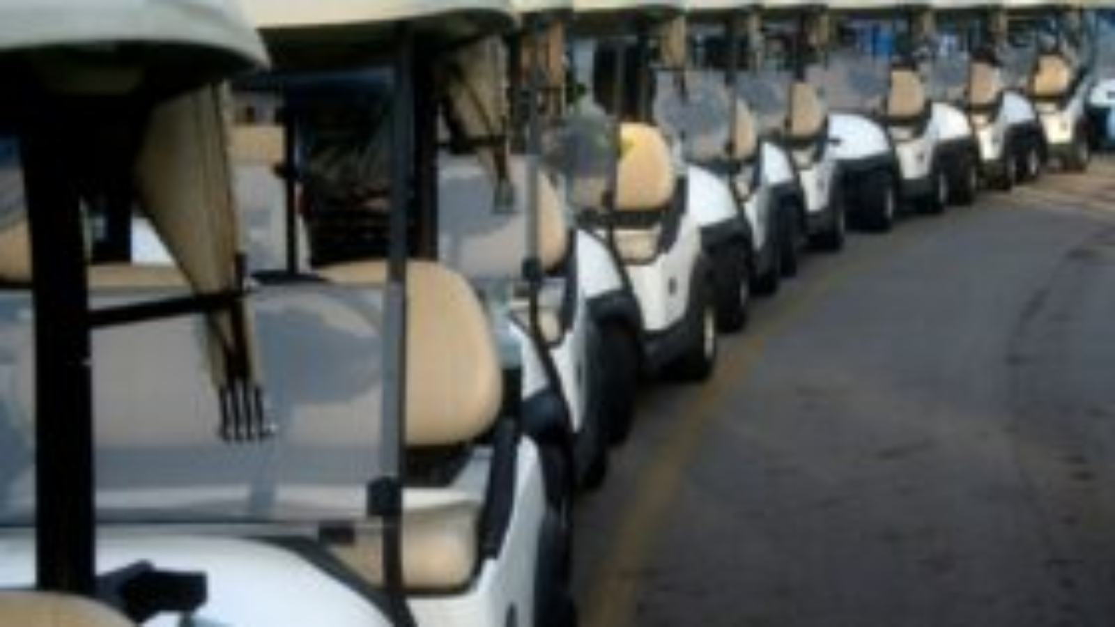 Row of white golf carts awaiting customization at Flamingo Custom Carts