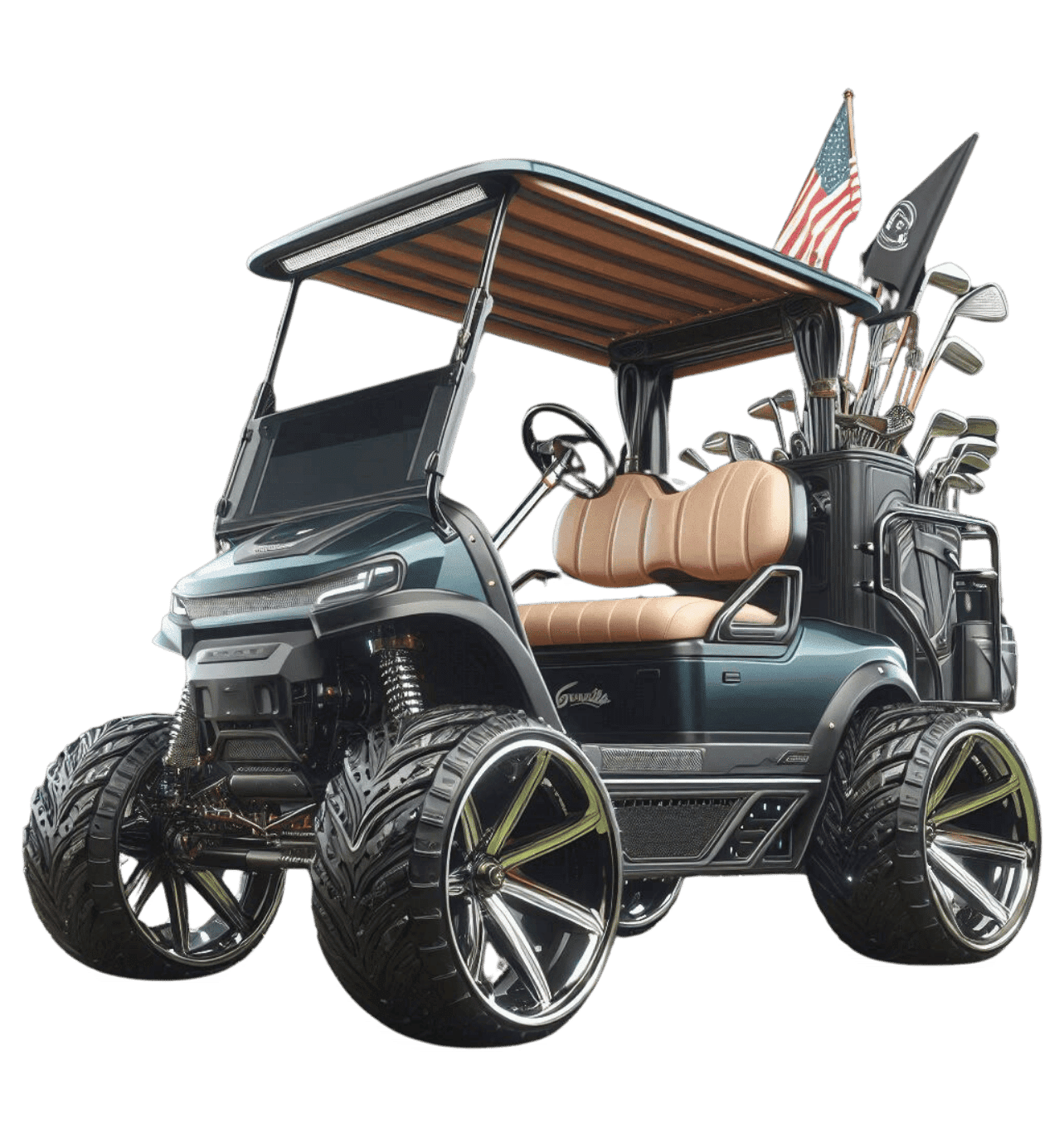Custom golf cart with oversized wheels and tires, enhanced performance and aesthetics.