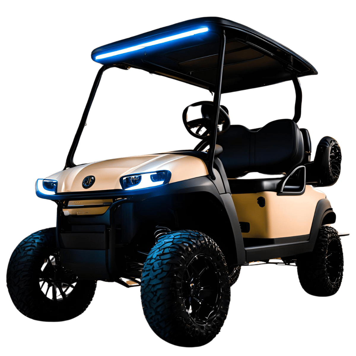 Customized golf cart with LED lighting and upgraded wheels and seats.